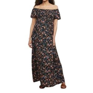 Motherhood Maternity Black Floral Smocked Off‎ Shoulder Pockets Maxi Dress 1X